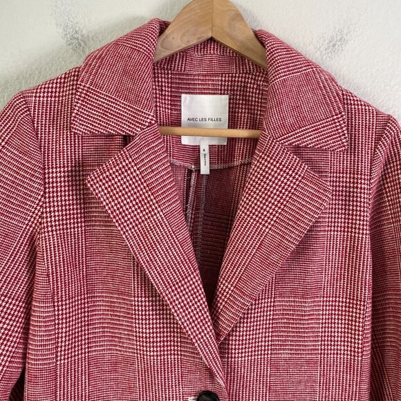 Avec Les Filles Womens Small Red White Plaid Notch Collar Trench Jacket Coat - Picture 6 of 12